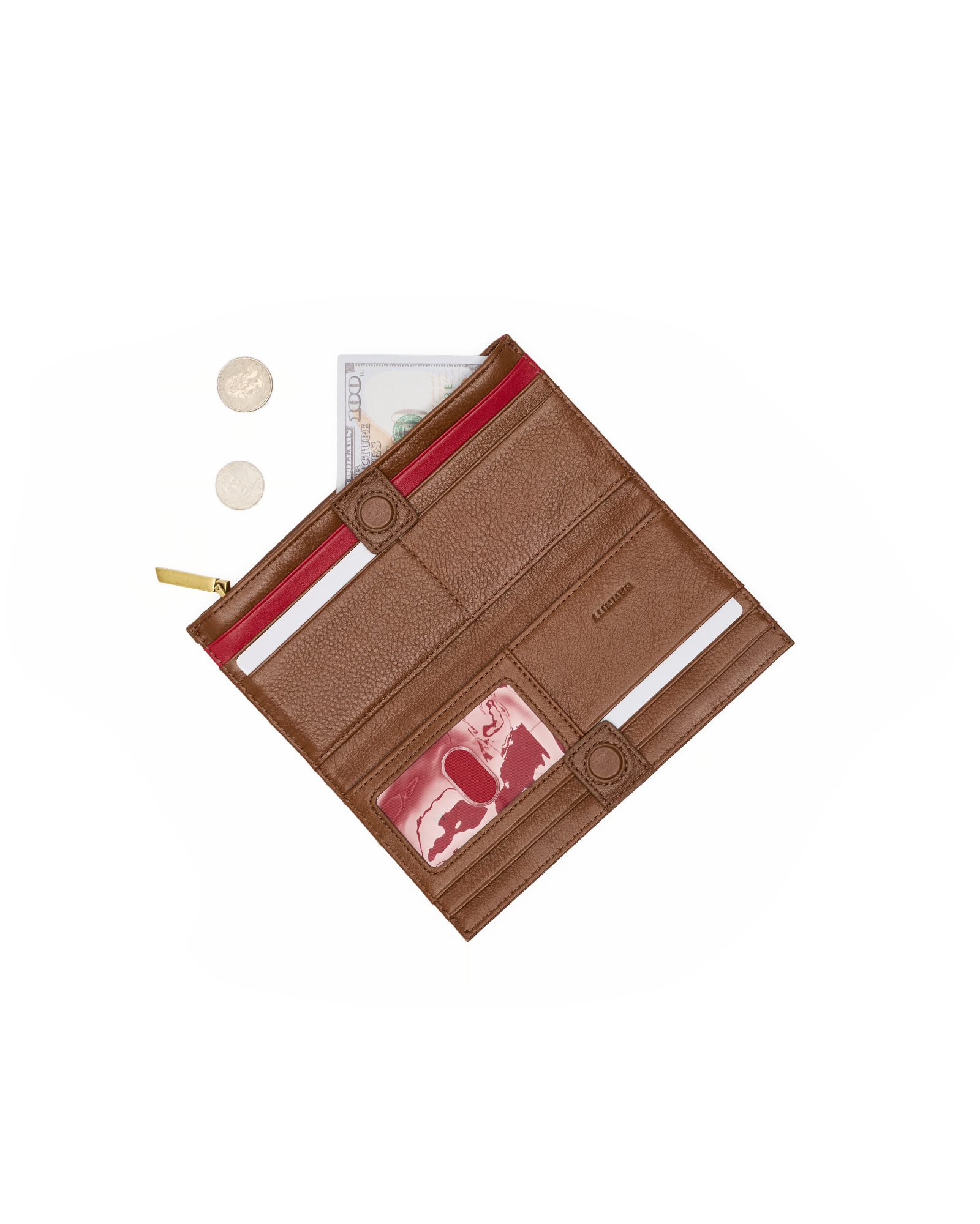 A brown textured leather zippered wallet shown open on a white background, containing cards, cash, and coins.