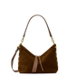 A brown suede shoulder bag with gold-tone studs and hardware, featuring a front leather tassel detail and a matching shoulder strap, shown against a plain white background.