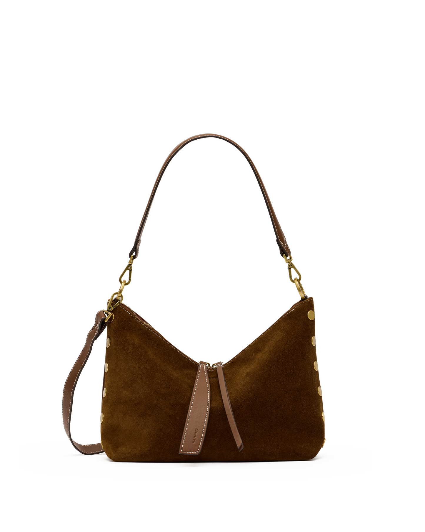 A brown suede shoulder bag with gold-tone studs and hardware, featuring a front leather tassel detail and a matching shoulder strap, shown against a plain white background.
