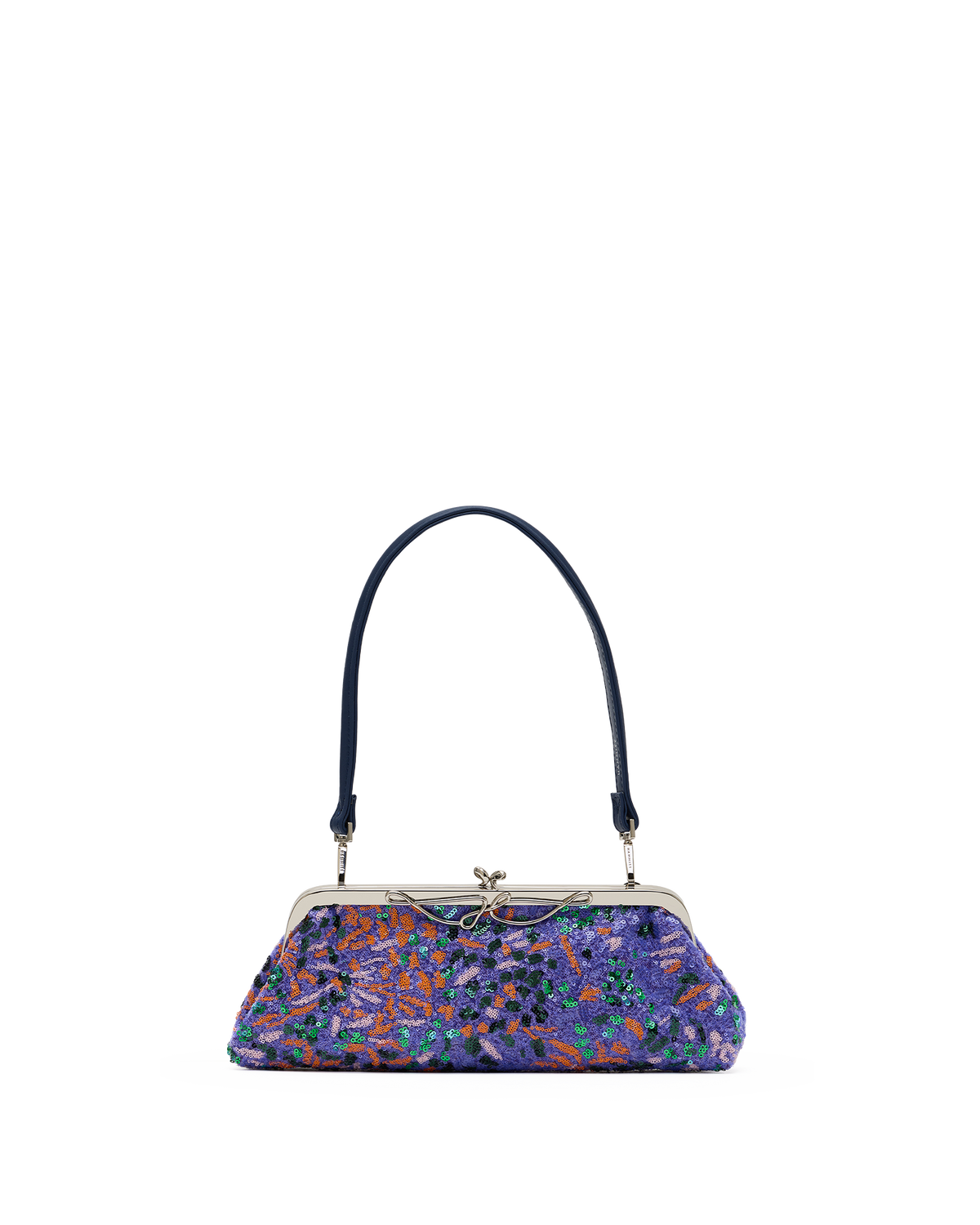 A small handbag with a dark navy blue handle and a colorful floral patterned body in shades of purple, blue, orange, and green, featuring a silver-tone kiss-lock closure.