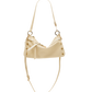 A cream-colored faux leather shoulder bag with gold-tone hardware, featuring a crescent-shaped body, decorative studs, and a long thin strap, shown against a plain white background.