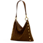 A brown suede slouchy shoulder bag with gold-tone metal studs and a matching brown leather strap, shown against a plain white background.