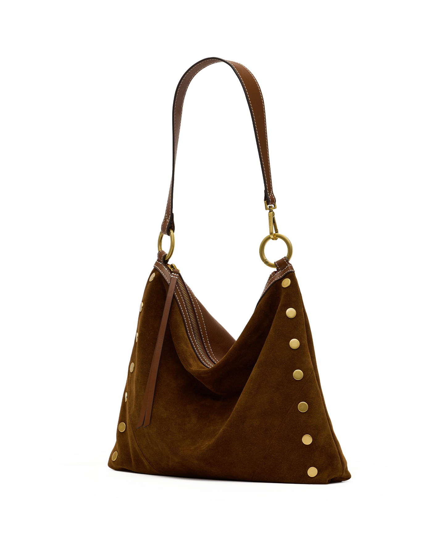 A brown suede slouchy shoulder bag with gold-tone metal studs and a matching brown leather strap, shown against a plain white background.