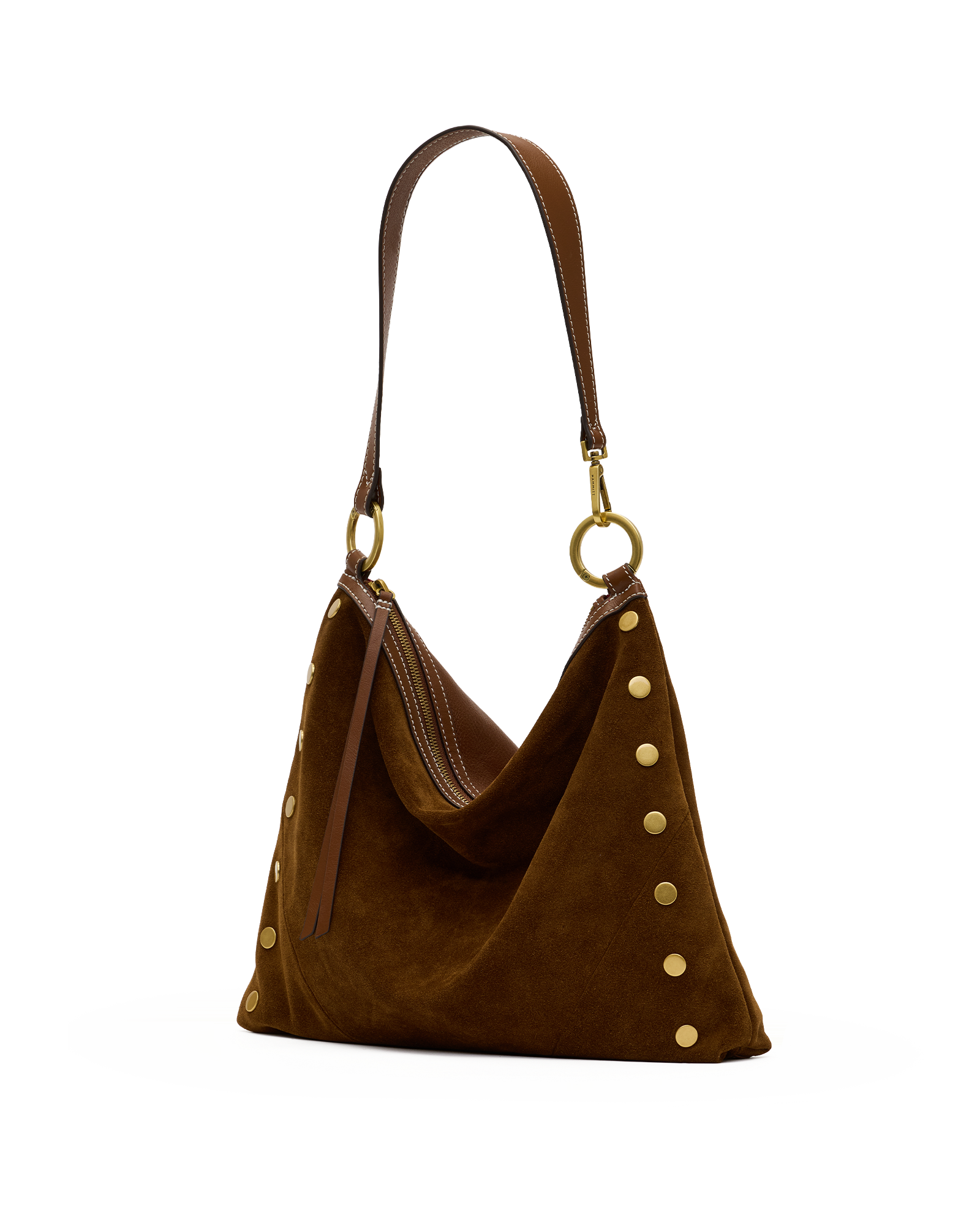 A brown suede slouchy shoulder bag with gold-tone metal studs and a matching brown leather strap, shown against a plain white background.