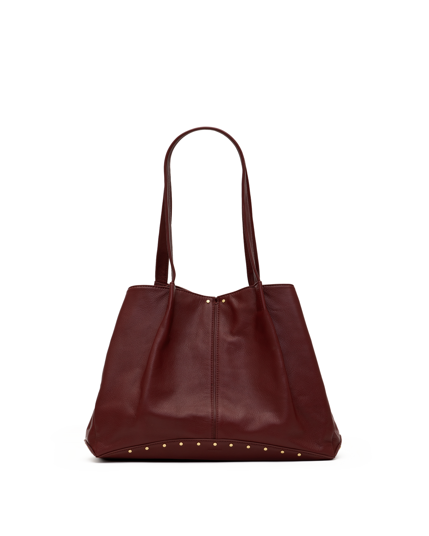 A dark burgundy leather tote bag with double shoulder straps and gold-tone metal studs along the bottom edge, shown against a plain white background.