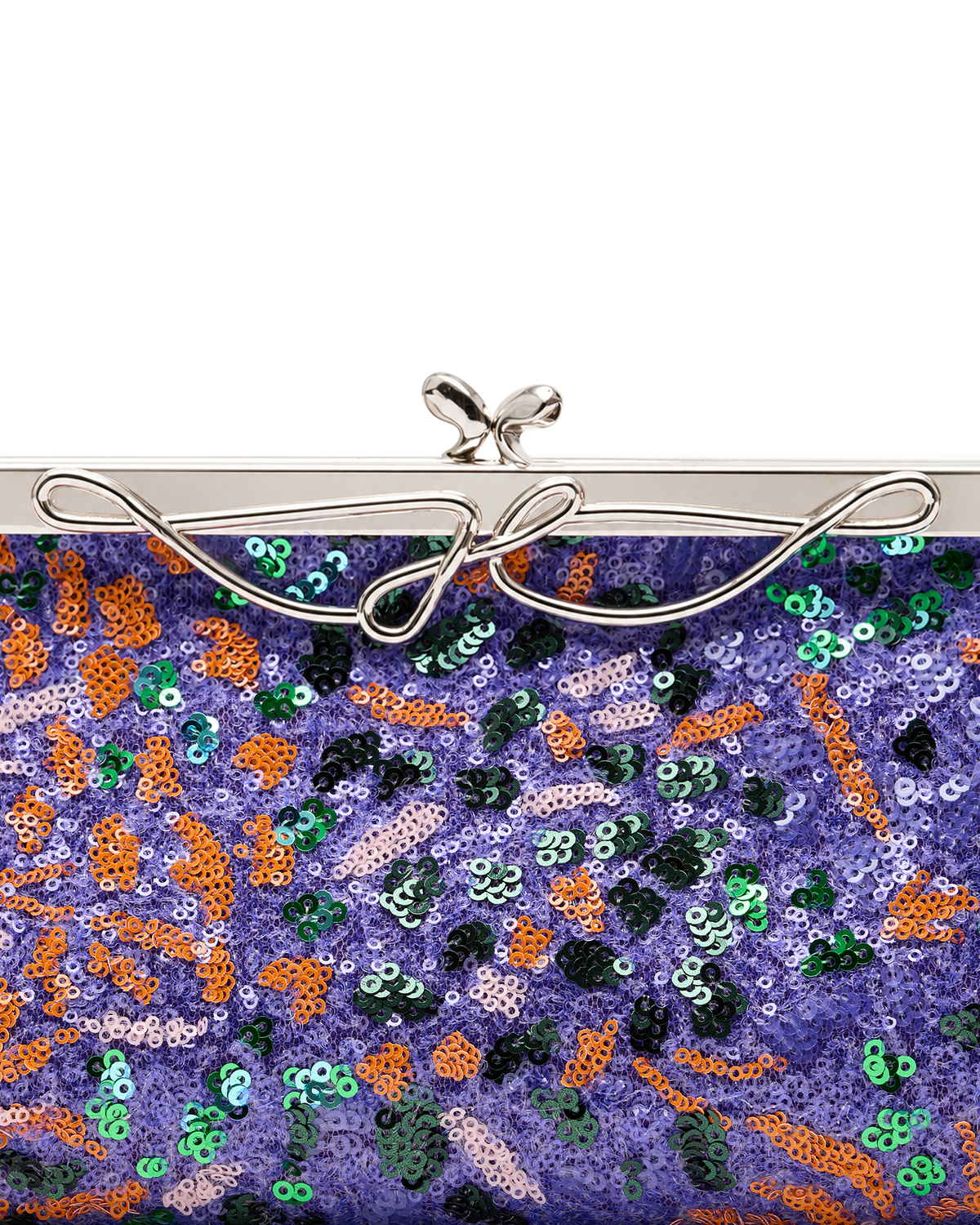 A close-up of a purple sequined clutch purse with orange, green, and pink sequins, featuring a silver metal frame and bow clasp against a white background.