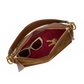 A brown suede and leather clutch bag shown open, revealing a burgundy red interior lining with a pair of sunglasses and keys inside, set against a plain white background.