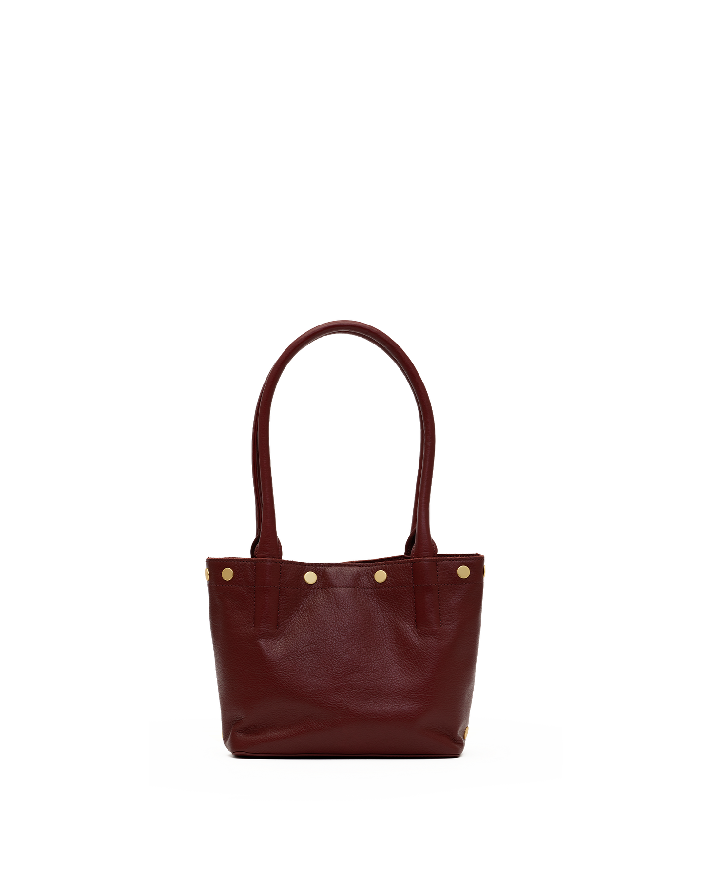 A dark burgundy leather tote bag with double top handles and three gold-tone metal studs on the front, shown against a plain white background.