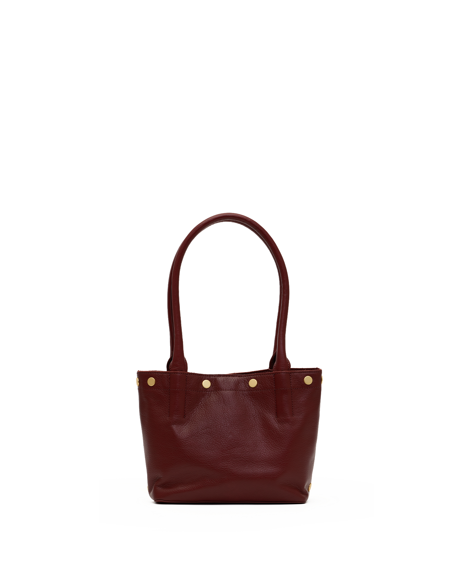 A dark burgundy leather tote bag with double top handles and three gold-tone metal studs on the front, shown against a plain white background.