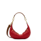 A red leather crescent-shaped shoulder bag with gold-tone hardware and a brown shoulder strap, shown on a plain white background.