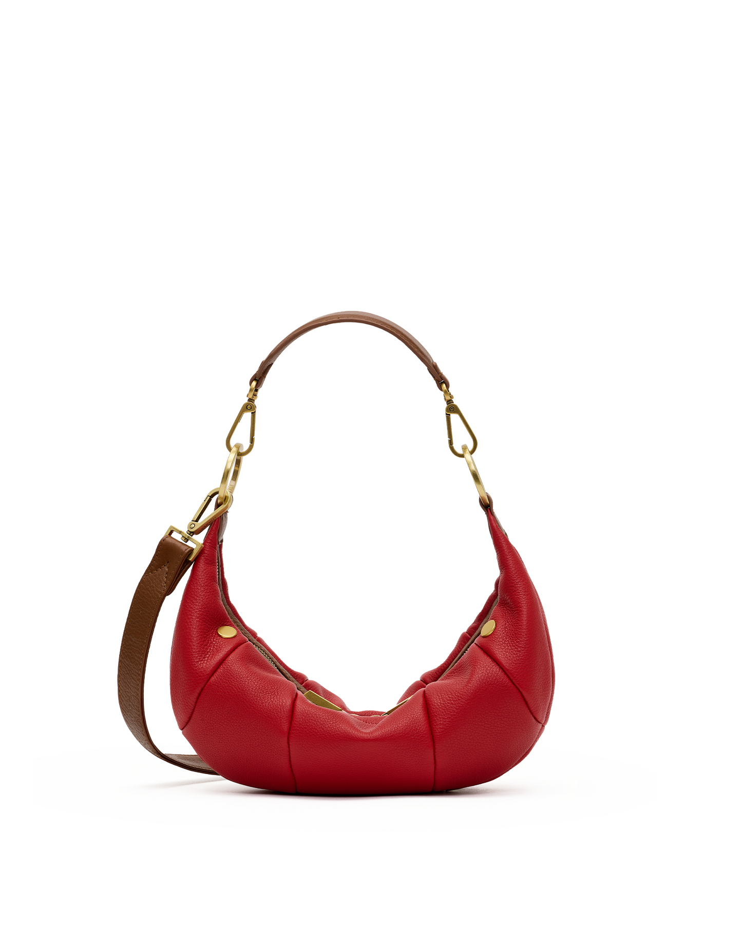 A red leather crescent-shaped shoulder bag with gold-tone hardware and a brown shoulder strap, shown on a plain white background.