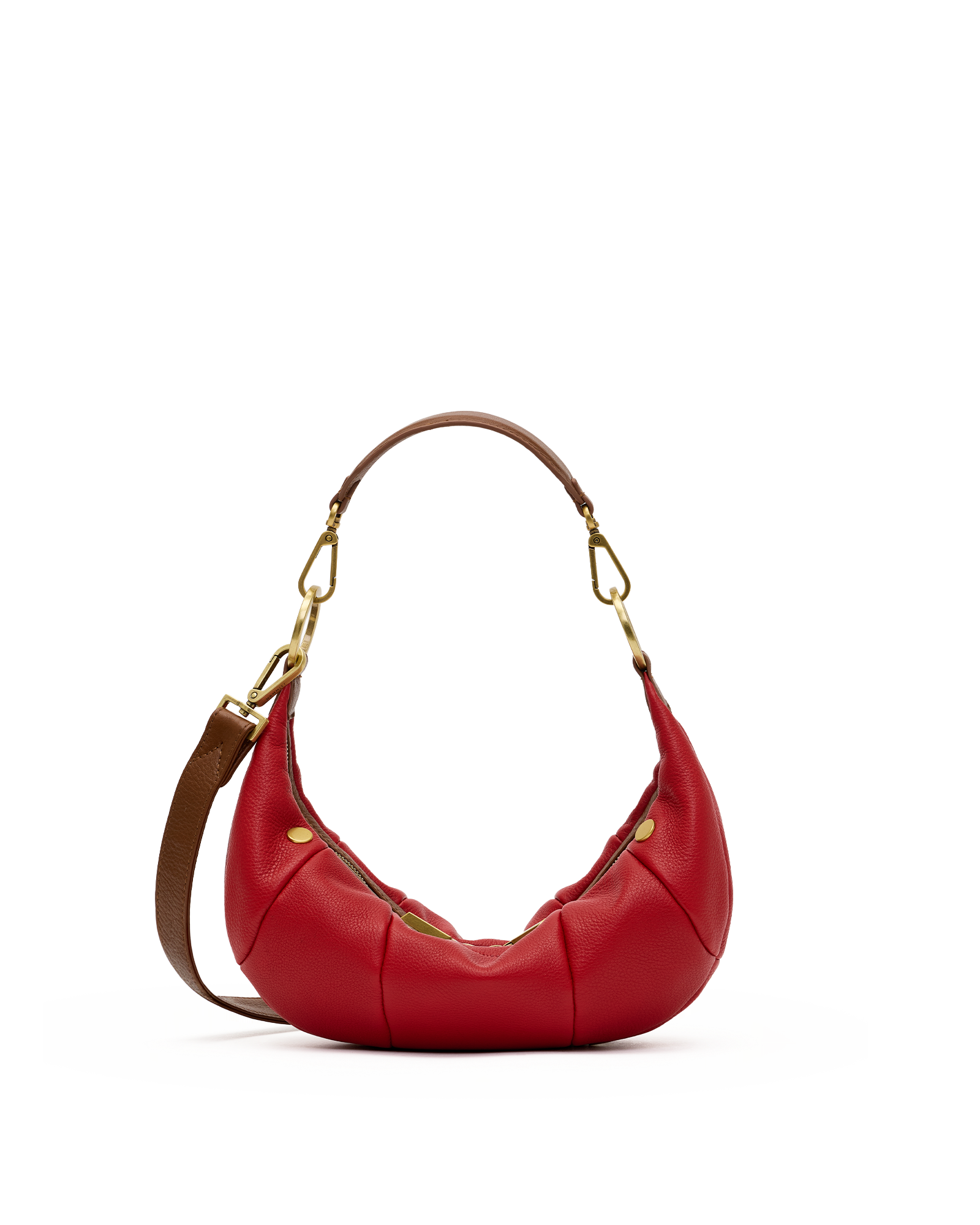 A red leather crescent-shaped shoulder bag with gold-tone hardware and a brown shoulder strap, shown on a plain white background.