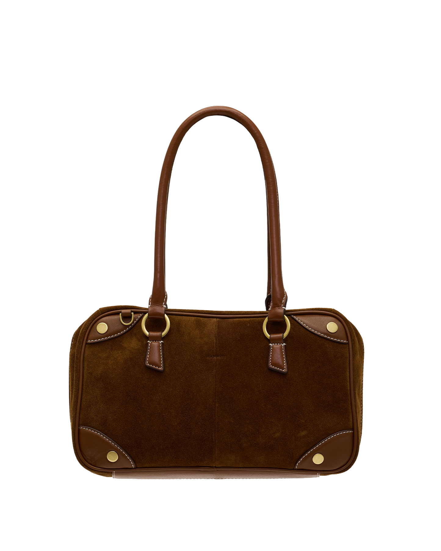 A brown suede and leather handbag with double top handles, gold-tone hardware, and contrast stitching
