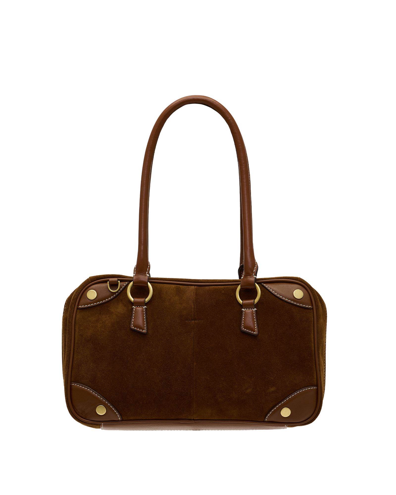 A brown suede and leather handbag with double top handles, gold-tone hardware, and contrast stitching