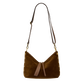 A brown suede crescent shoulder bag with a long dark brown leather strap, gold-tone hardware, and a light brown leather tassel detail at the center front, shown against a plain white background.
