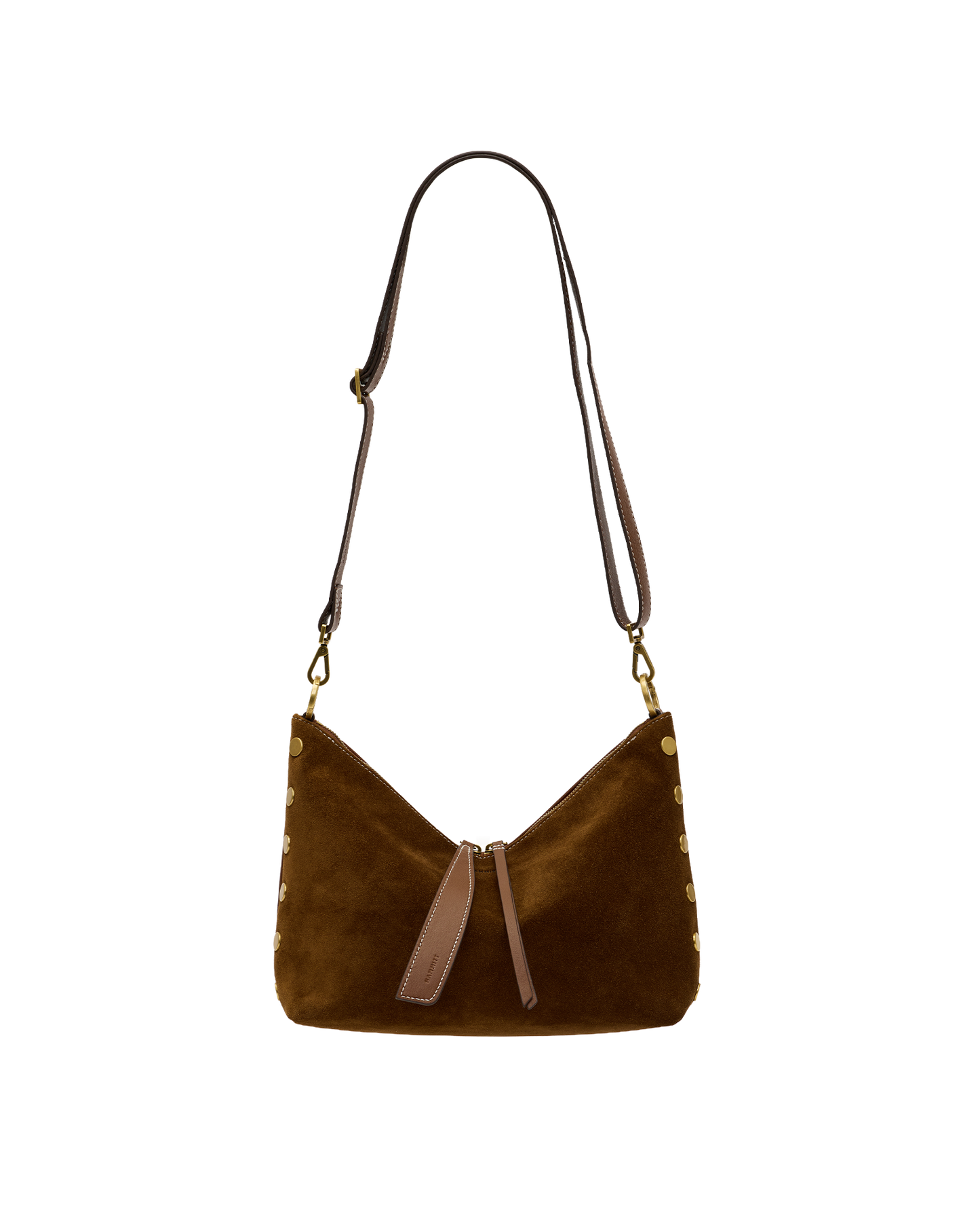 A brown suede crescent shoulder bag with a long dark brown leather strap, gold-tone hardware, and a light brown leather tassel detail at the center front, shown against a plain white background.
