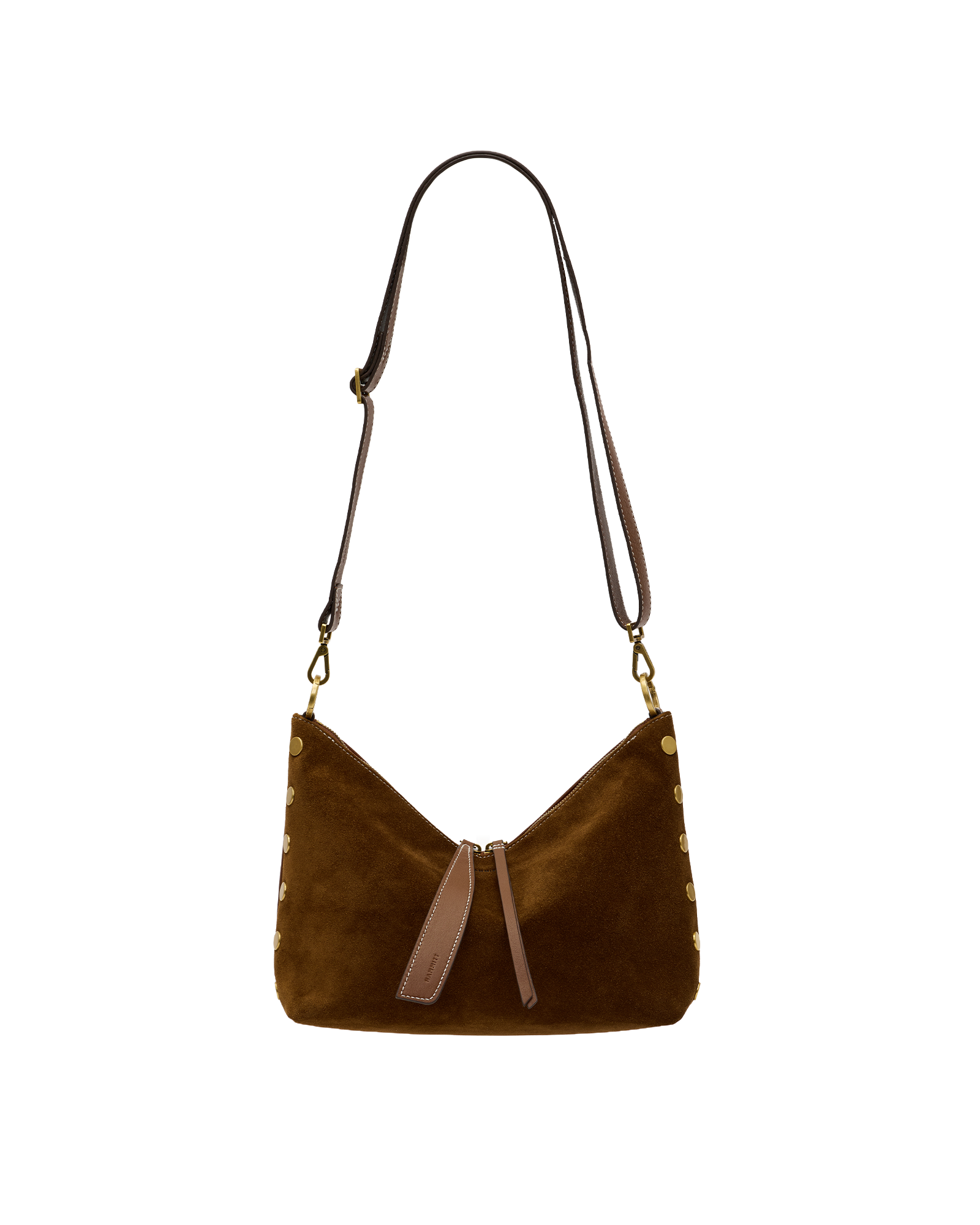A brown suede crescent shoulder bag with a long dark brown leather strap, gold-tone hardware, and a light brown leather tassel detail at the center front, shown against a plain white background.
