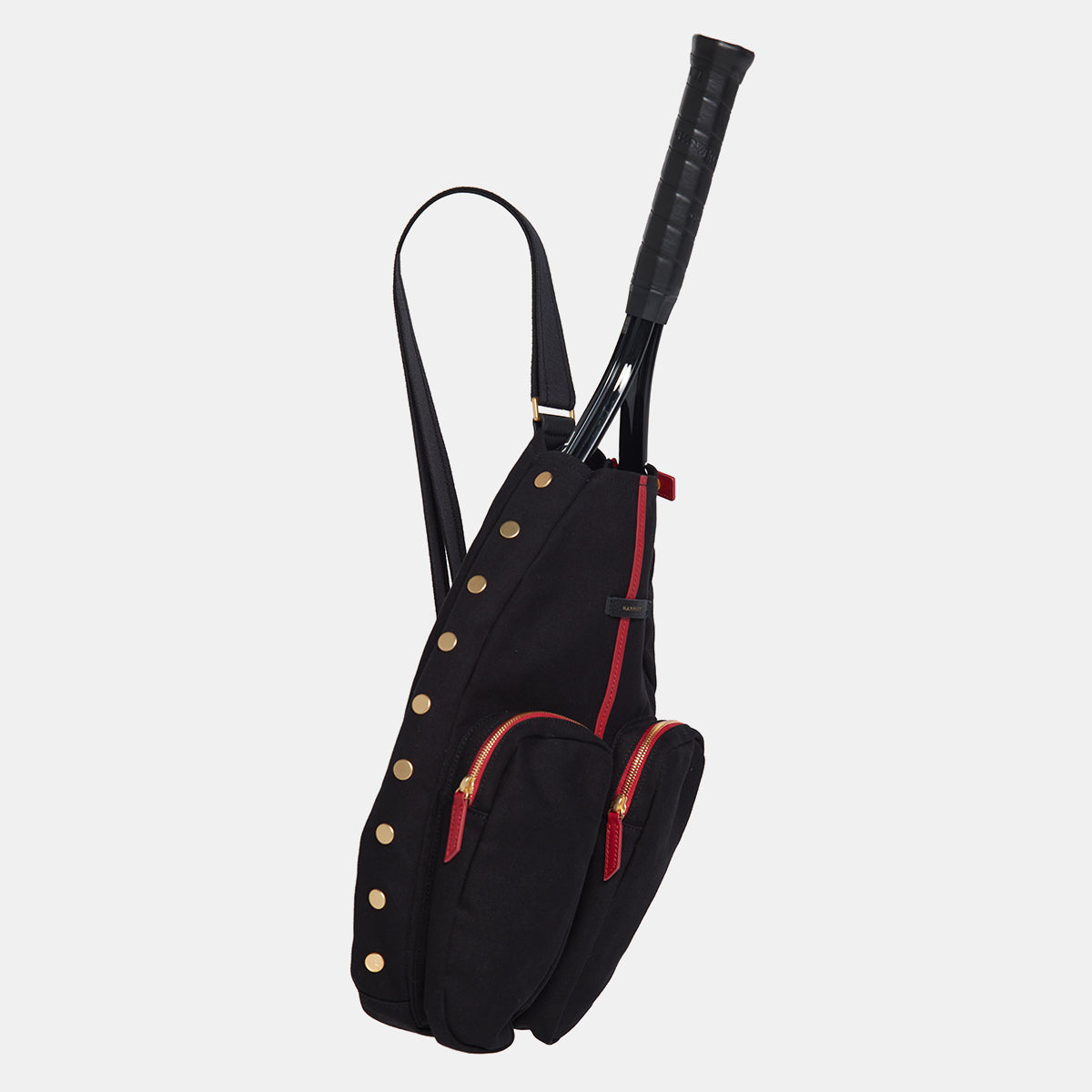 Courtside-Sling-Black-BG-Red-Zip-Front-View-Detail