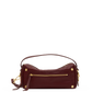 A burgundy leather shoulder bag with gold-tone hardware, a top handle, and a front zippered pocket, shown against a plain white background.