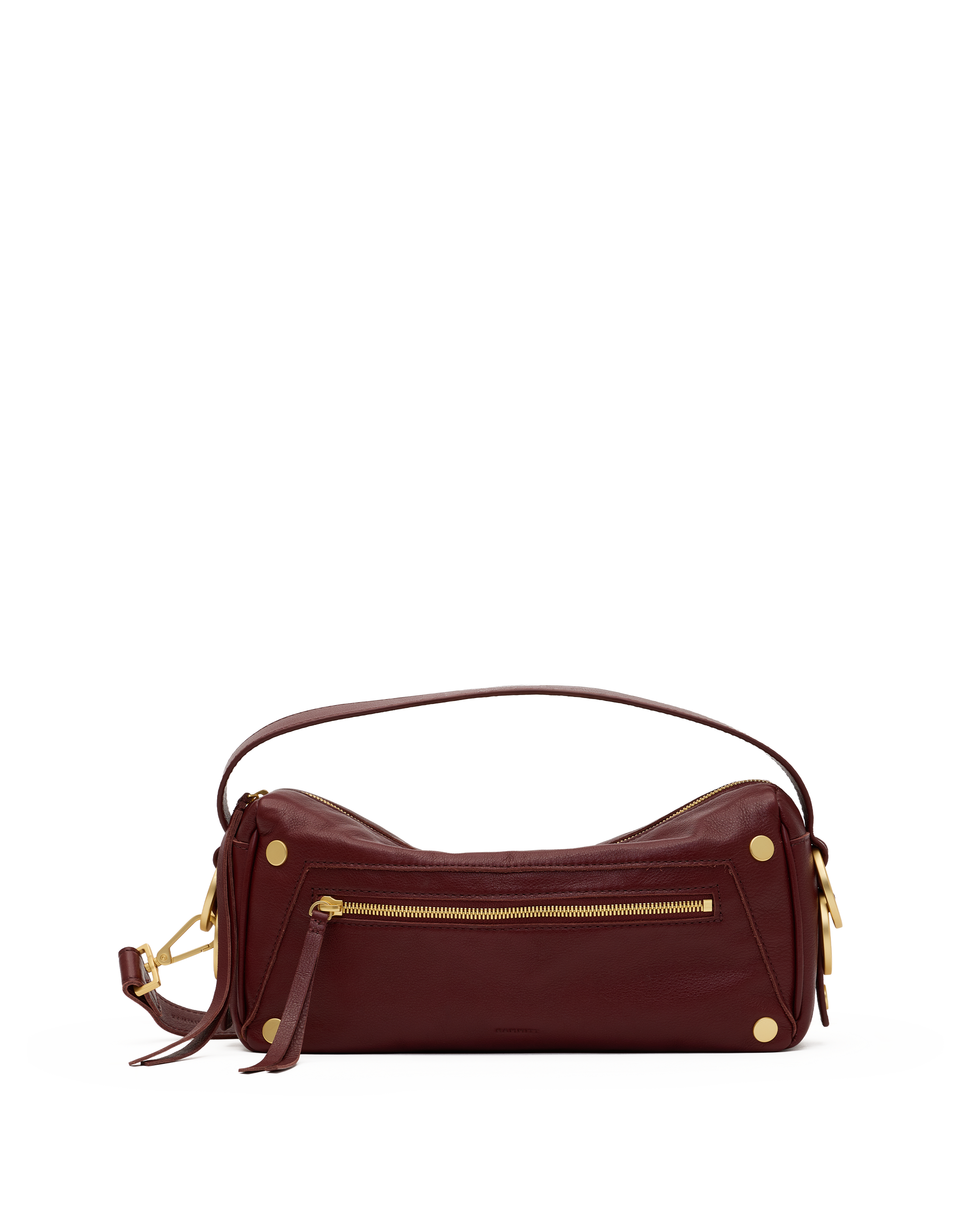 A burgundy leather shoulder bag with gold-tone hardware, a top handle, and a front zippered pocket, shown against a plain white background.