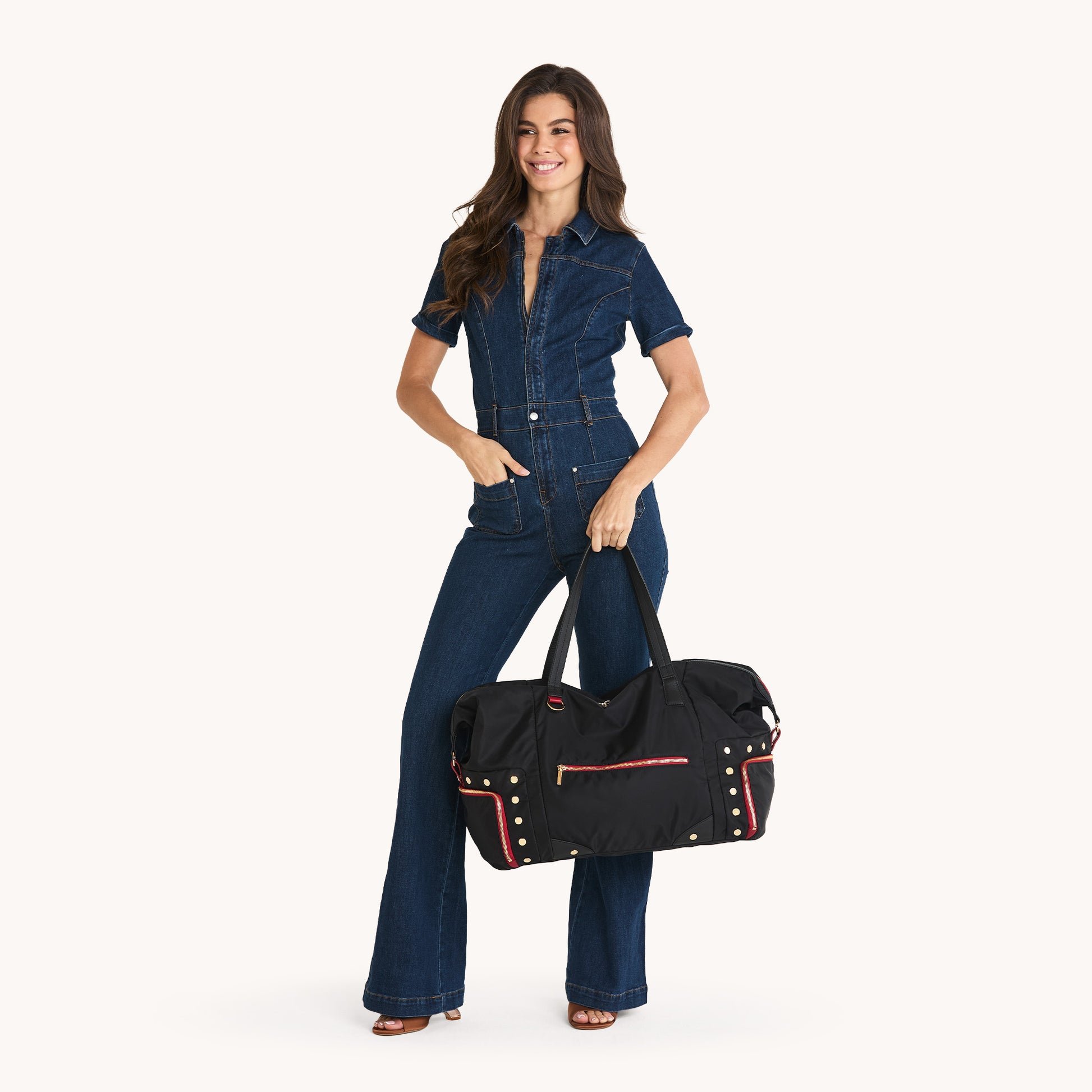 Ivy-Weekender-Black-Nylon-G-Red-Zip-Model-View-3