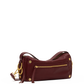 A burgundy leather shoulder bag with gold-tone hardware, featuring a zippered front pocket, tassel details, and a gold-tone ring charm, shown against a plain white background.