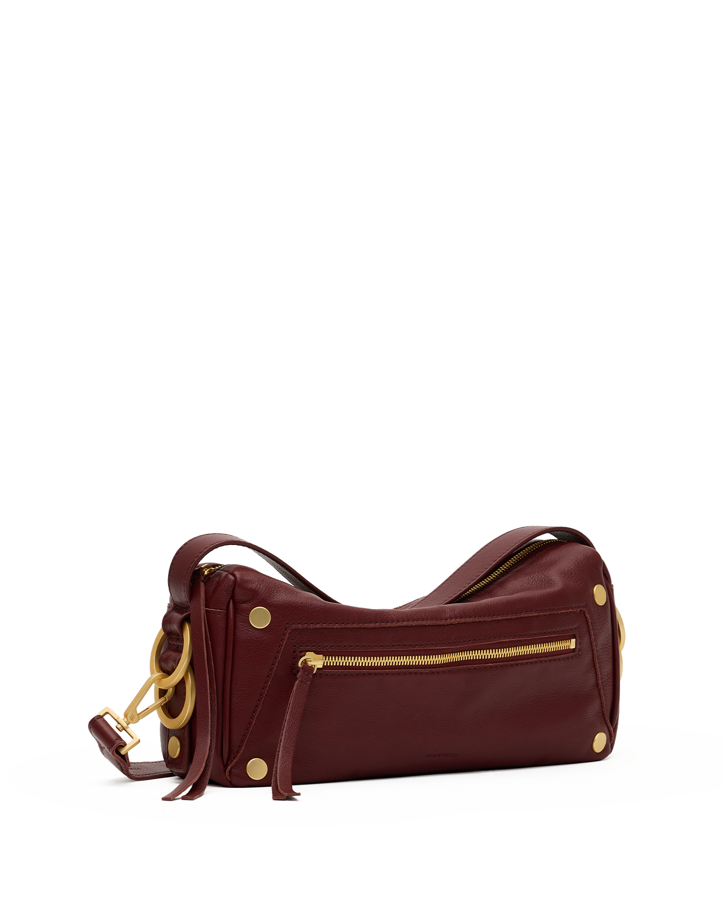 A burgundy leather shoulder bag with gold-tone hardware, featuring a zippered front pocket, tassel details, and a gold-tone ring charm, shown against a plain white background.