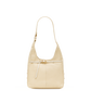 A light beige leather shoulder bag with a single strap and a decorative front strap detail, shown against a plain white background.