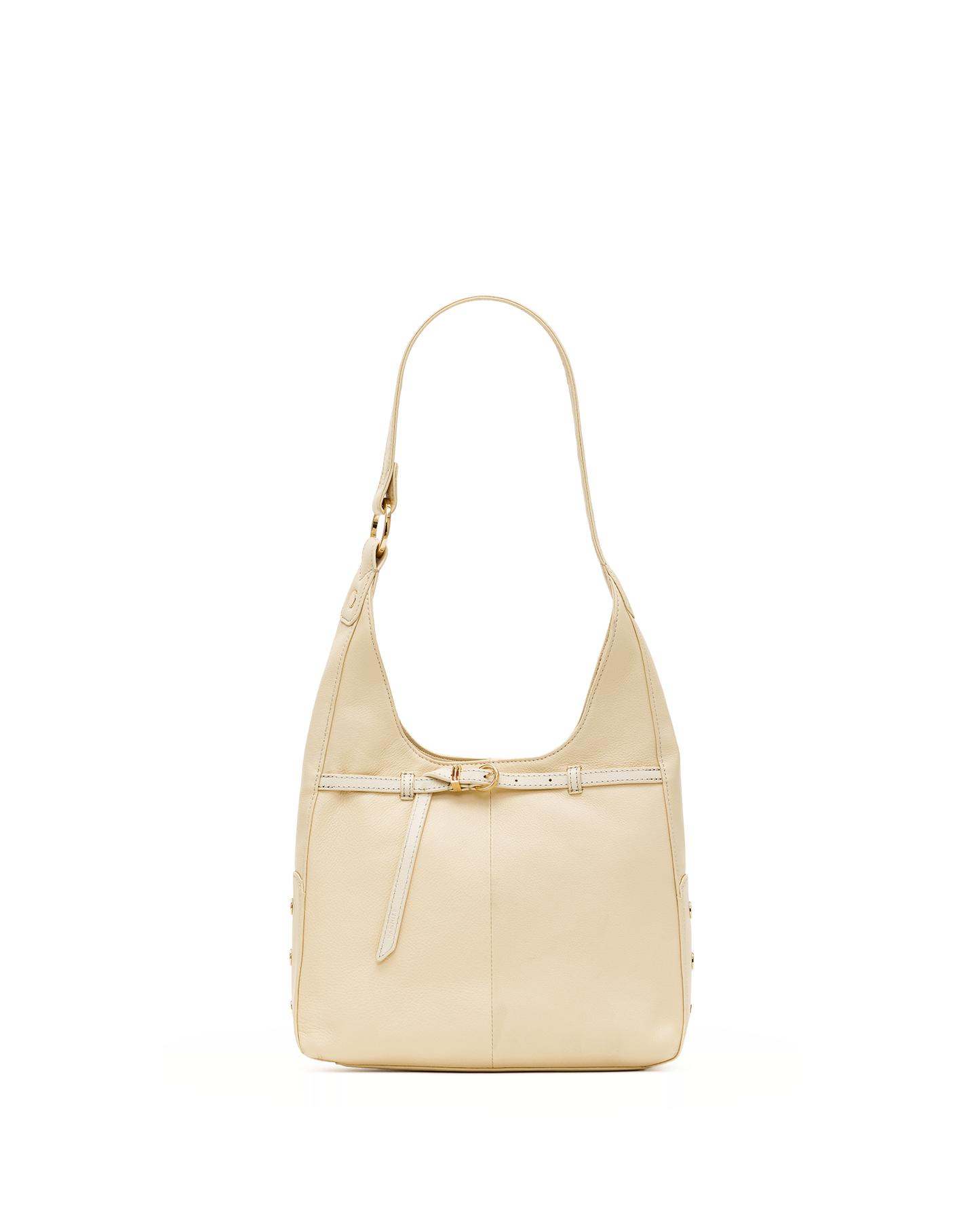A light beige leather shoulder bag with a single strap and a decorative front strap detail, shown against a plain white background.