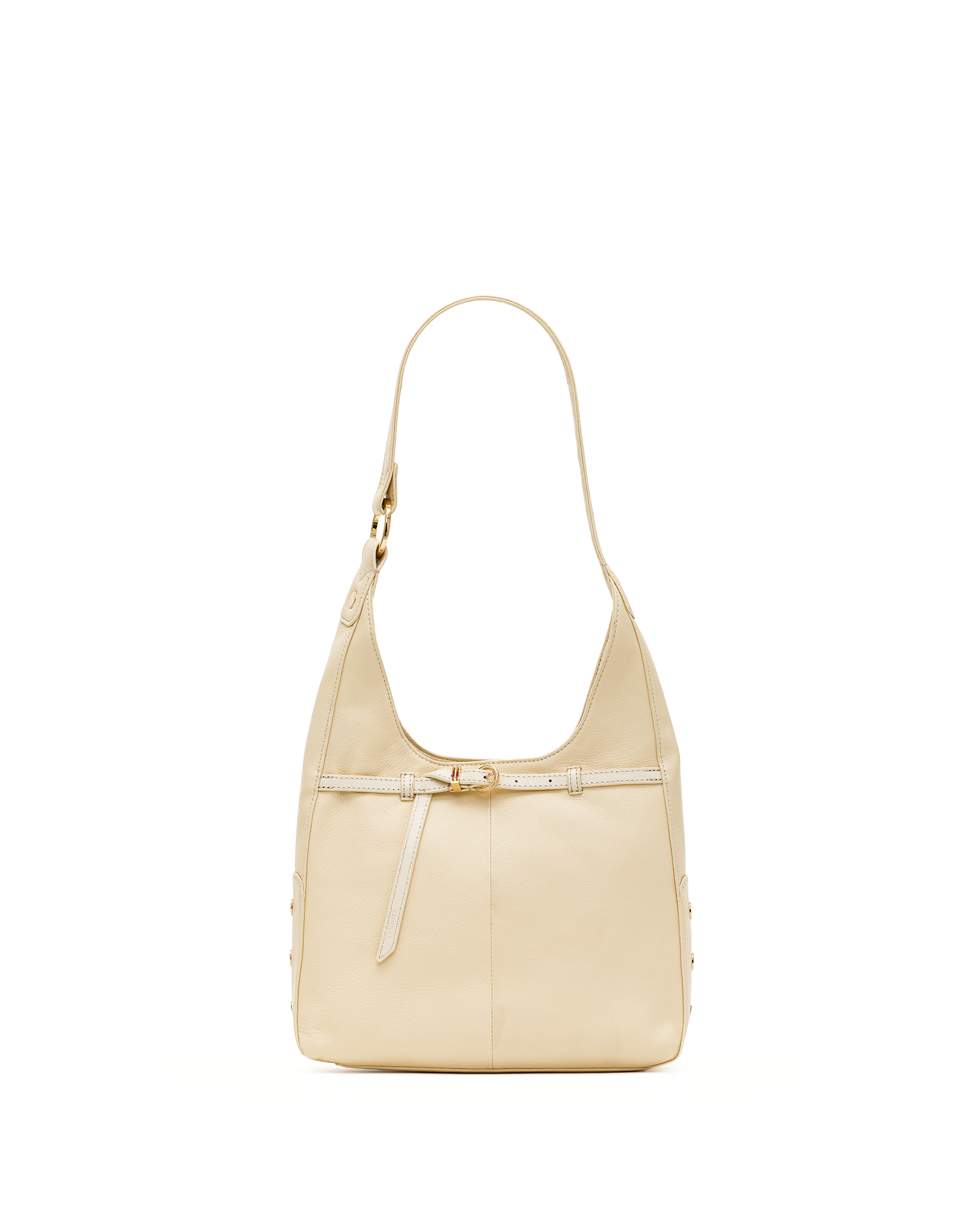 A light beige leather shoulder bag with a single strap and a decorative front strap detail, shown against a plain white background.