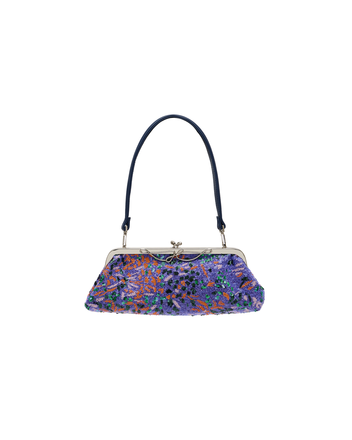 A small handbag with a dark navy blue strap and a purple base covered in a multicolor floral pattern, featuring a silver-tone kiss-lock frame closure.