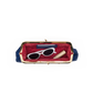A top-down view of a navy blue and gold kiss-lock clutch bag with a red velvet interior, shown open with white sunglasses, a blue rectangular item, and a beige cylindrical item inside.