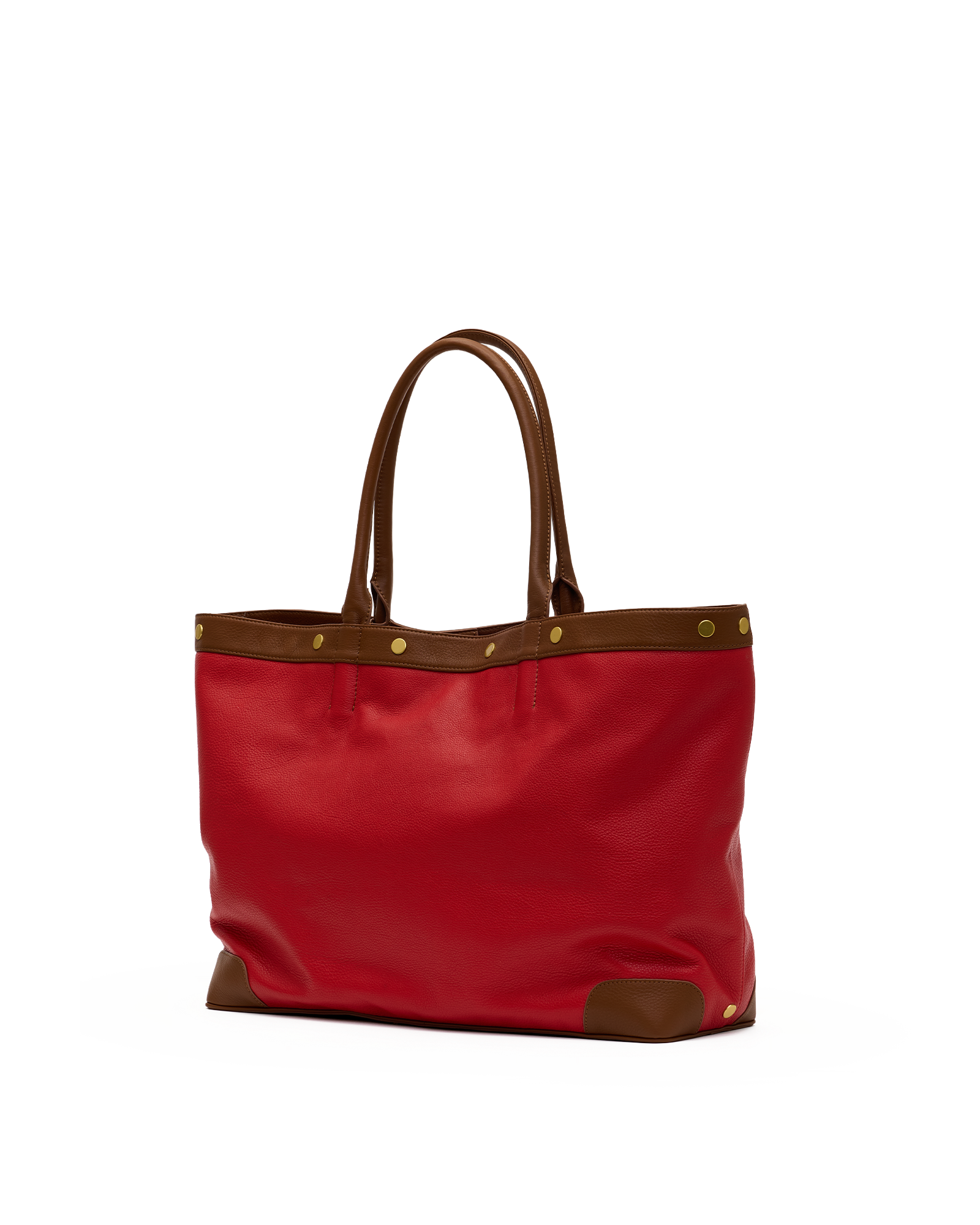 A red tote bag with brown leather handles and trim, accented by gold-tone metal studs, shown against a plain white background.