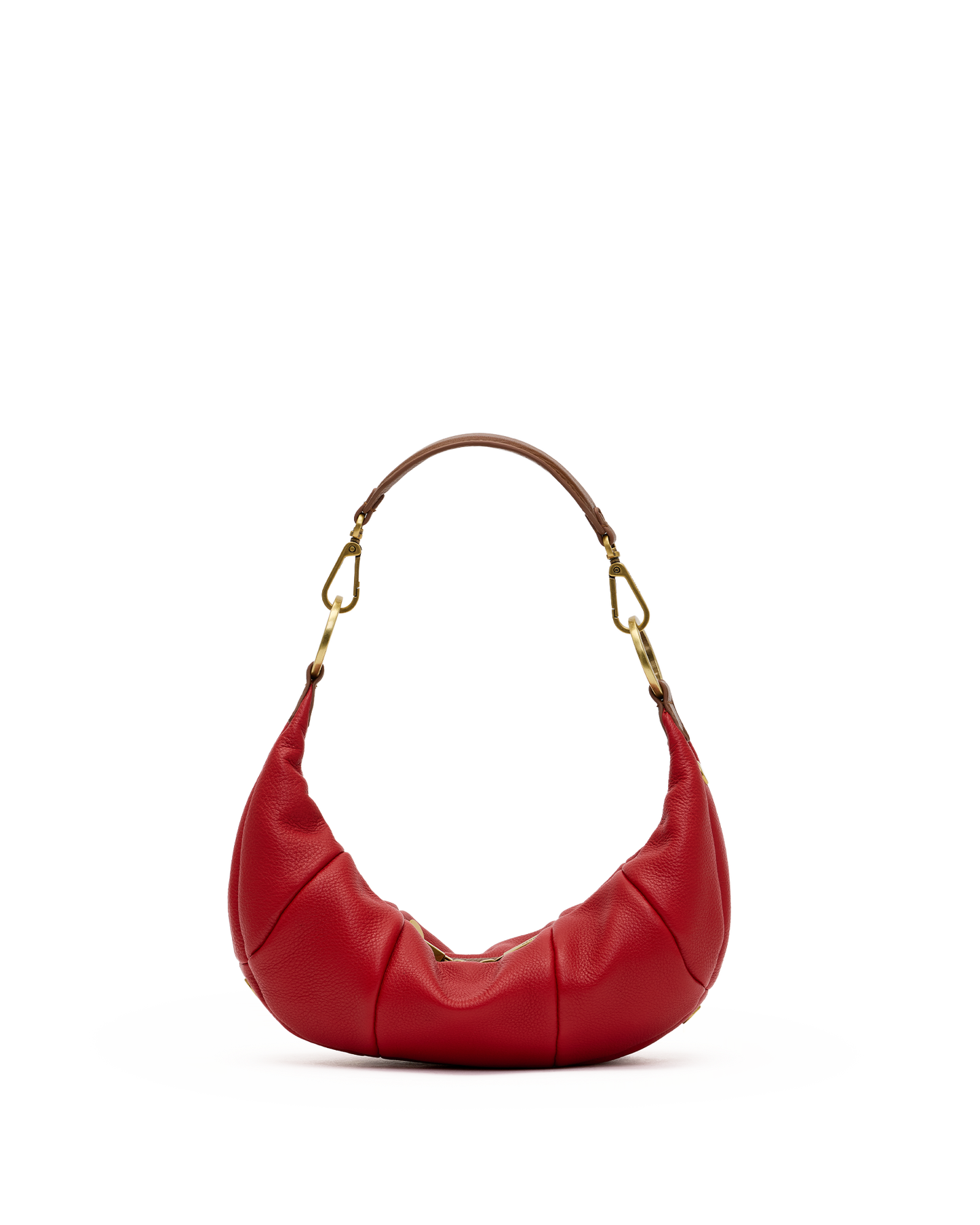 A red leather crescent-shaped shoulder bag with gold-tone hardware and a brown strap, shown against a plain white background.