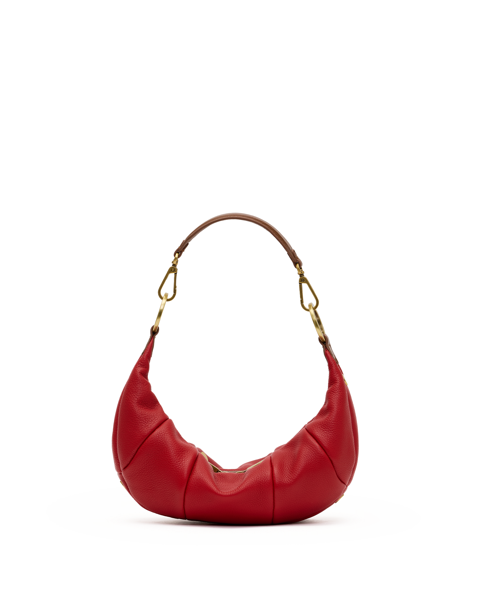 A red leather crescent-shaped shoulder bag with gold-tone hardware and a brown strap, shown against a plain white background.