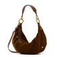 A brown suede crescent-shaped shoulder bag with gold-tone hardware and a matching brown leather strap, shown on a plain white background.