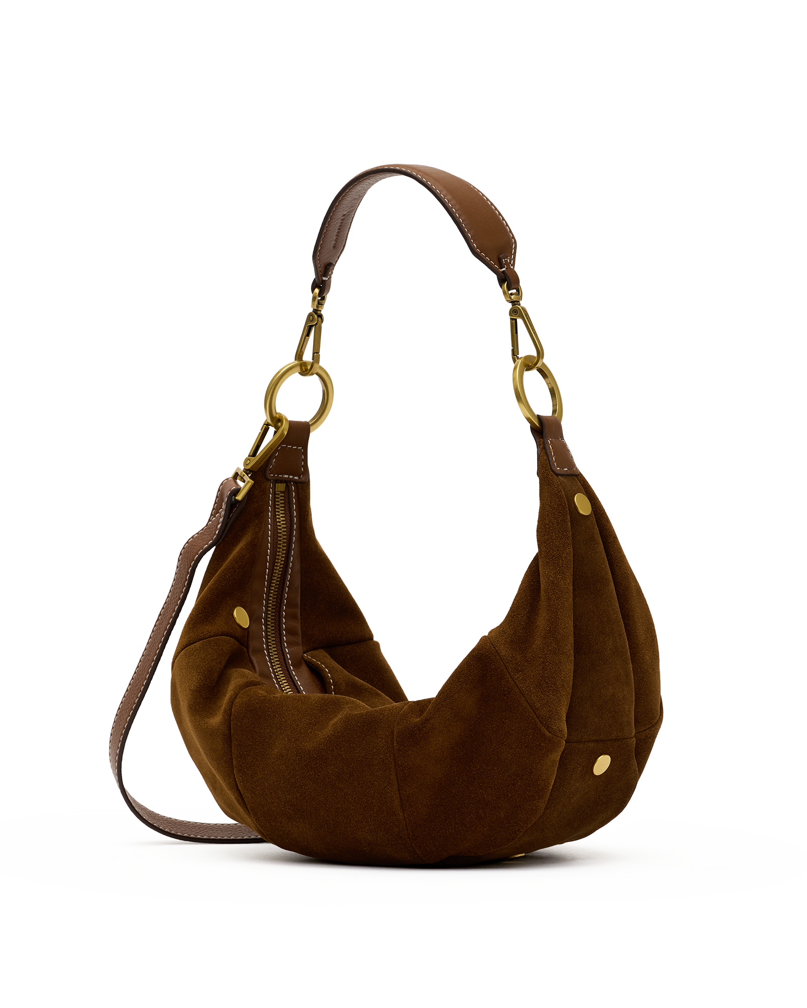 A brown suede crescent-shaped shoulder bag with gold-tone hardware and a matching brown leather strap, shown on a plain white background.