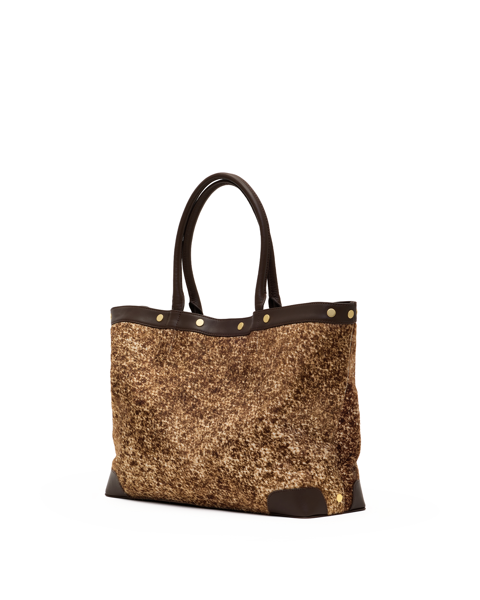 A structured tote bag with a textured, glittery gold and brown body, dark brown leather handles and trim, and gold-tone metal studs, shown against a plain white background.