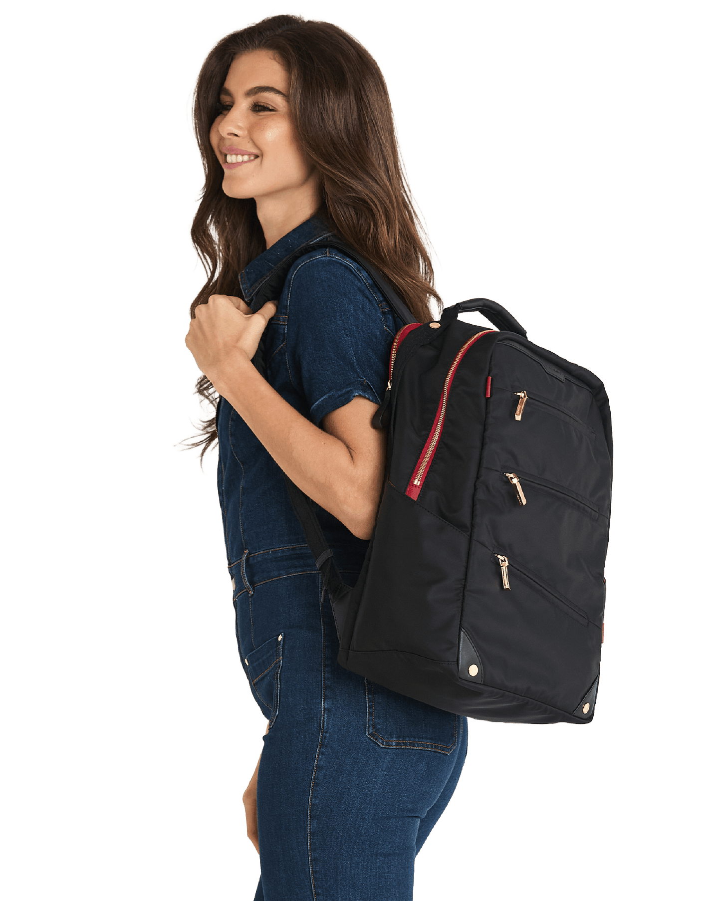 Eden-Backpack-Black-Nylon-G-Red-Zip-Model-View