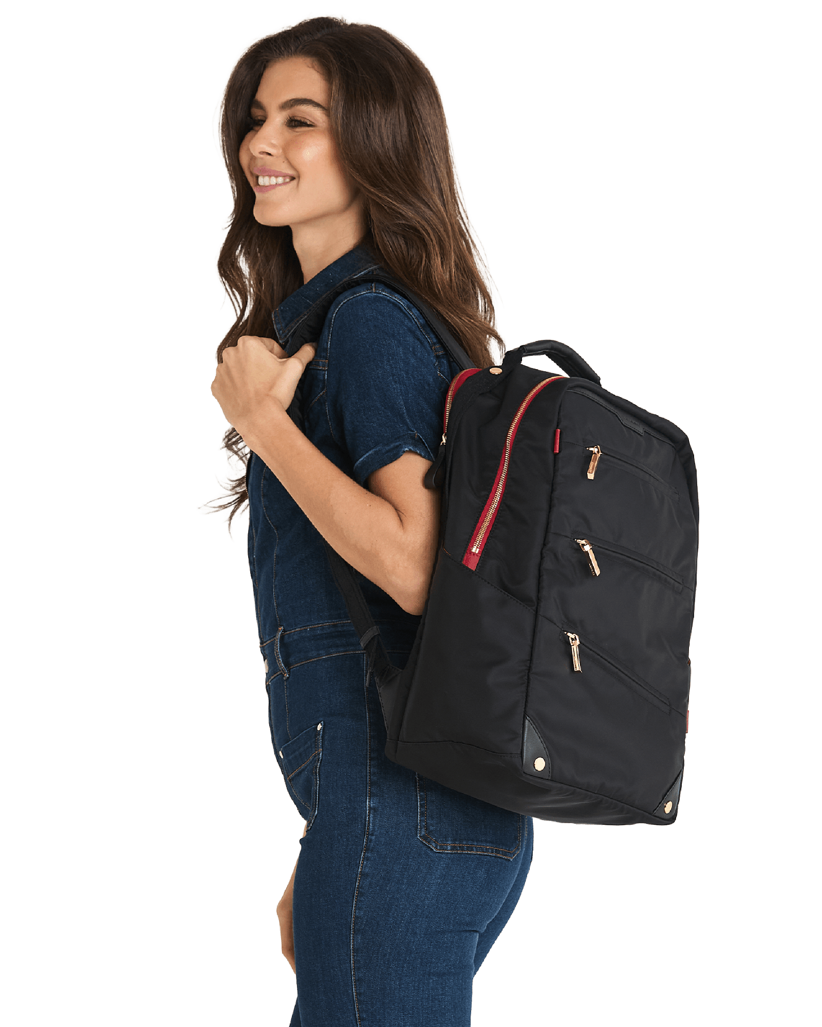 Eden-Backpack-Black-Nylon-G-Red-Zip-Model-View