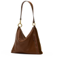 A brown leather shoulder bag with a slouchy, slouchy hobo silhouette, featuring gold-tone hardware and a zippered pocket on the side, set against a plain white background.