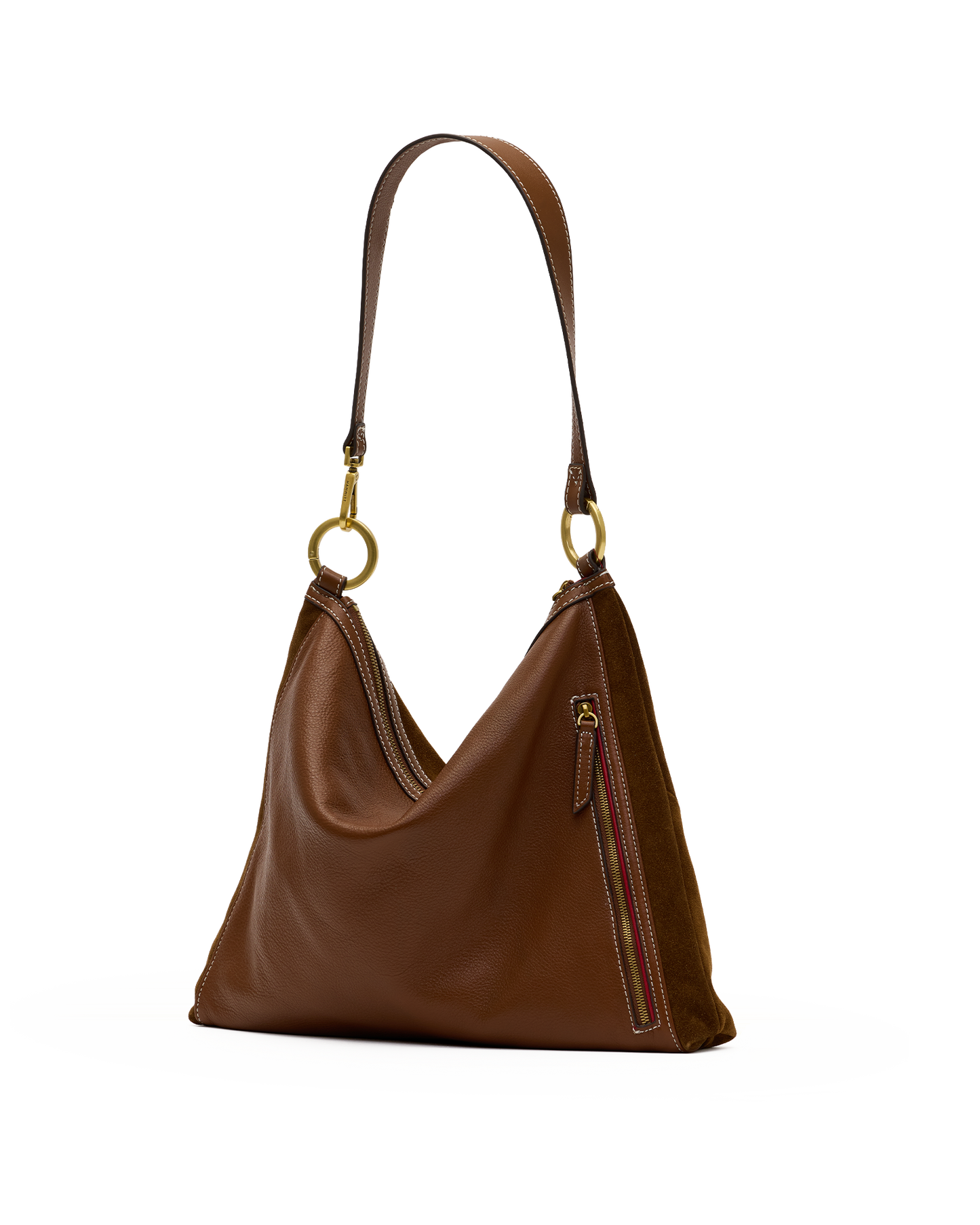 A brown leather shoulder bag with a slouchy, slouchy hobo silhouette, featuring gold-tone hardware and a zippered pocket on the side, set against a plain white background.