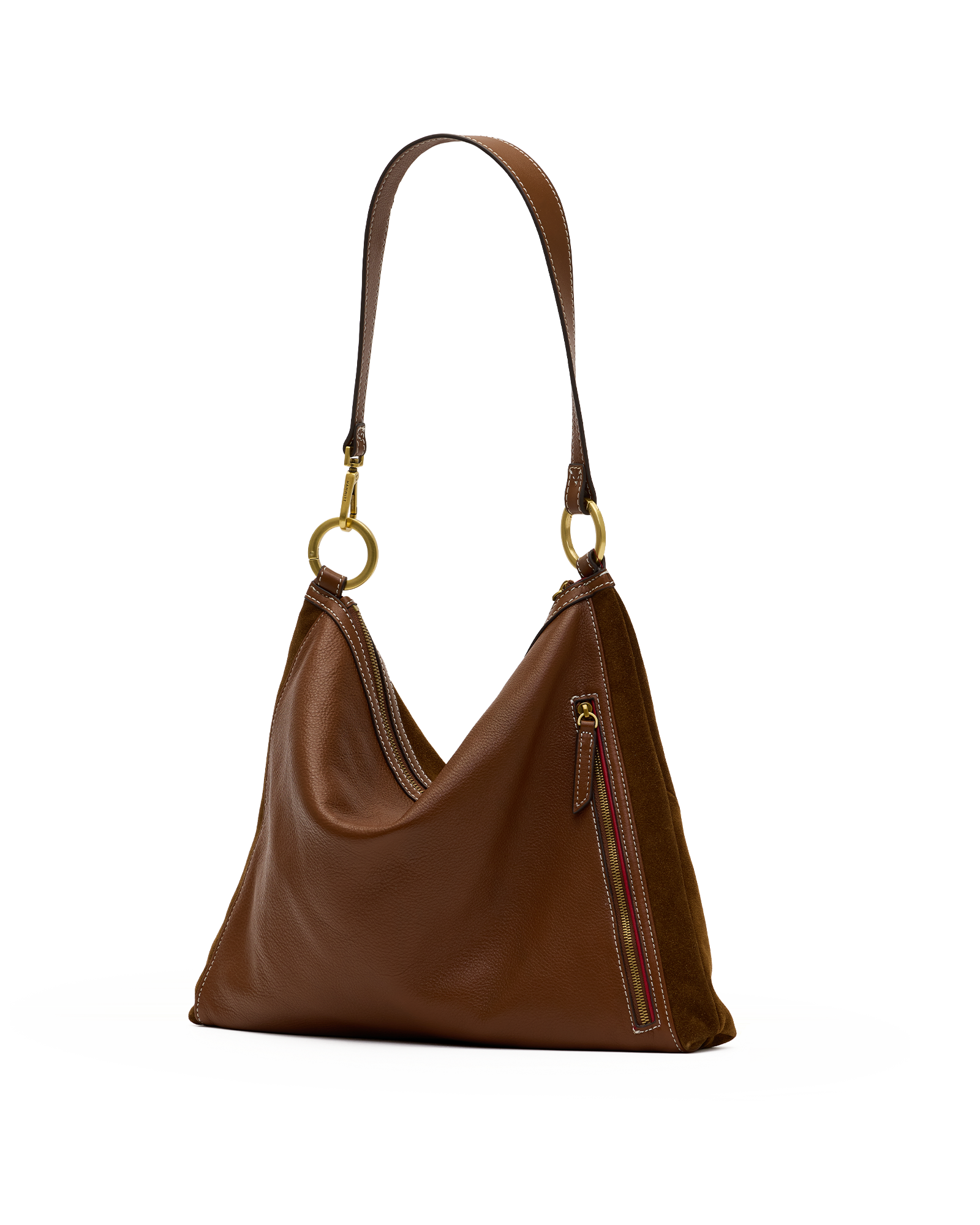 A brown leather shoulder bag with a slouchy, slouchy hobo silhouette, featuring gold-tone hardware and a zippered pocket on the side, set against a plain white background.