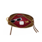 An open brown leather pouch with a deep red velvet interior, shown against a plain white background. Inside, a pair of white sunglasses and a white rectangular item are arranged.