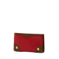 A red leather wallet with brown leather trim and gold-tone snap button accents on the front corners, shown on a plain white background.