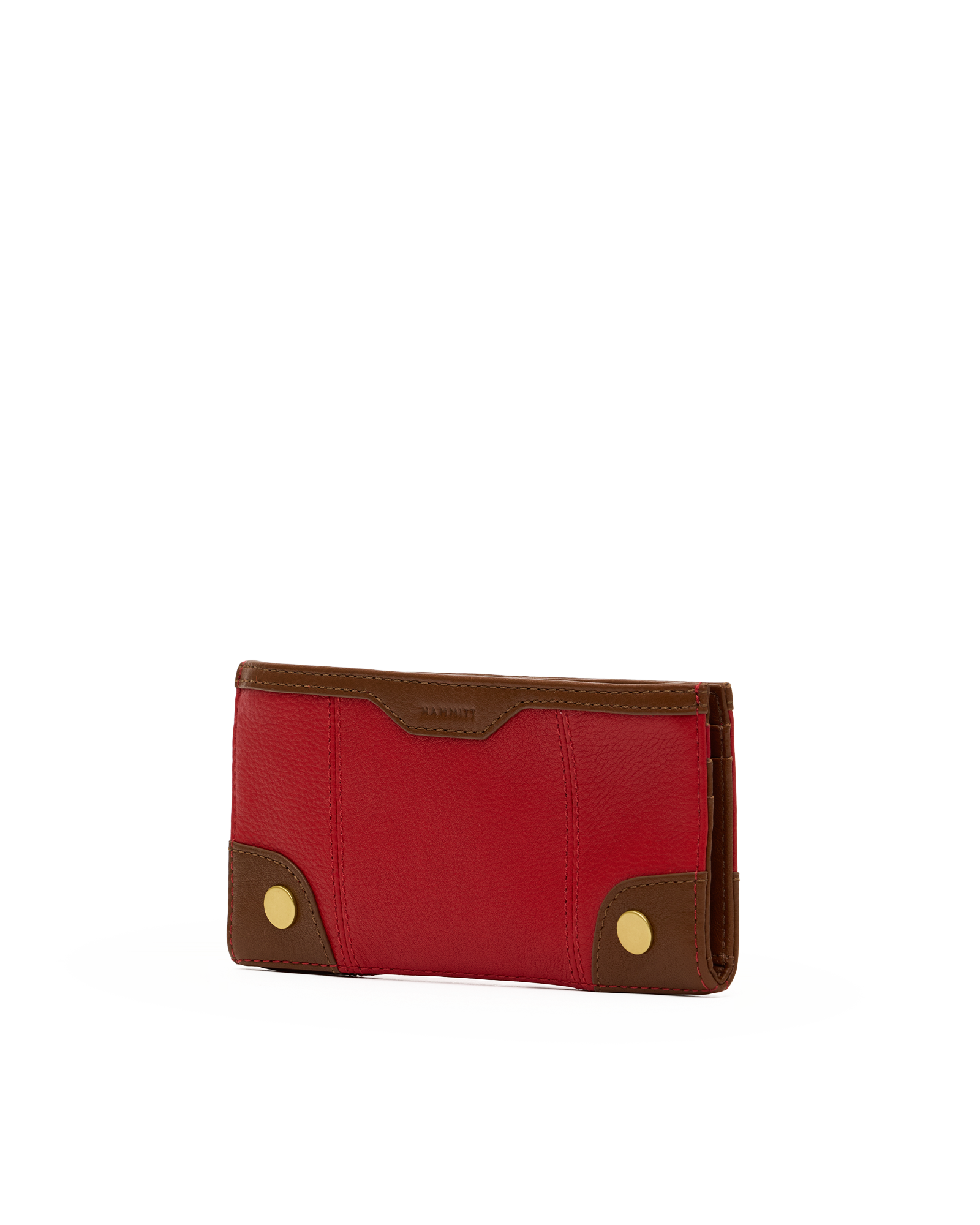 A red leather wallet with brown leather trim and gold-tone snap button accents on the front corners, shown on a plain white background.