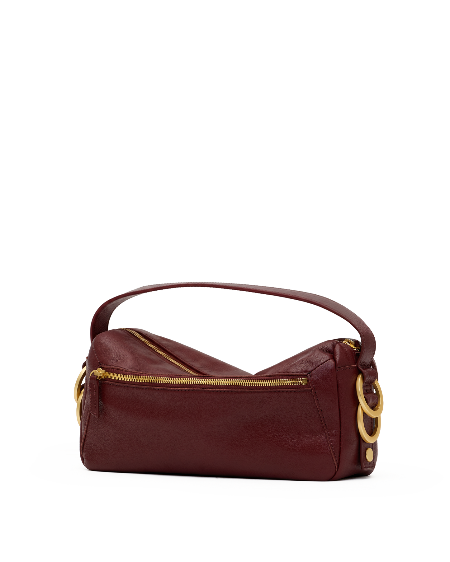 A burgundy leather shoulder bag with gold-tone hardware, featuring a top handle, a zippered front pocket, and a signature interlocking O-ring detail on the side, shown against a plain white background.