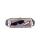 An open rectangular clutch or cosmetic bag with a colorful floral patterned exterior, a silver-tone metal frame, and a light lavender interior. Inside, black sunglasses and a beige cylindrical cosmetic item are placed on a plain white background.