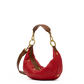 A red crescent-shaped leather shoulder bag with brown leather strap details and gold-tone hardware, shown on a plain white background.