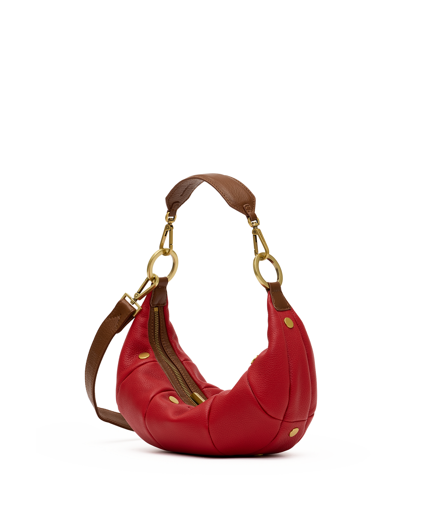 A red crescent-shaped leather shoulder bag with brown leather strap details and gold-tone hardware, shown on a plain white background.